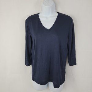 DRIES VAN NOTEN Womens SMALL Shirt V Neck Dark NAVY BLUE Solid 3/4 Sleeve *STAIN